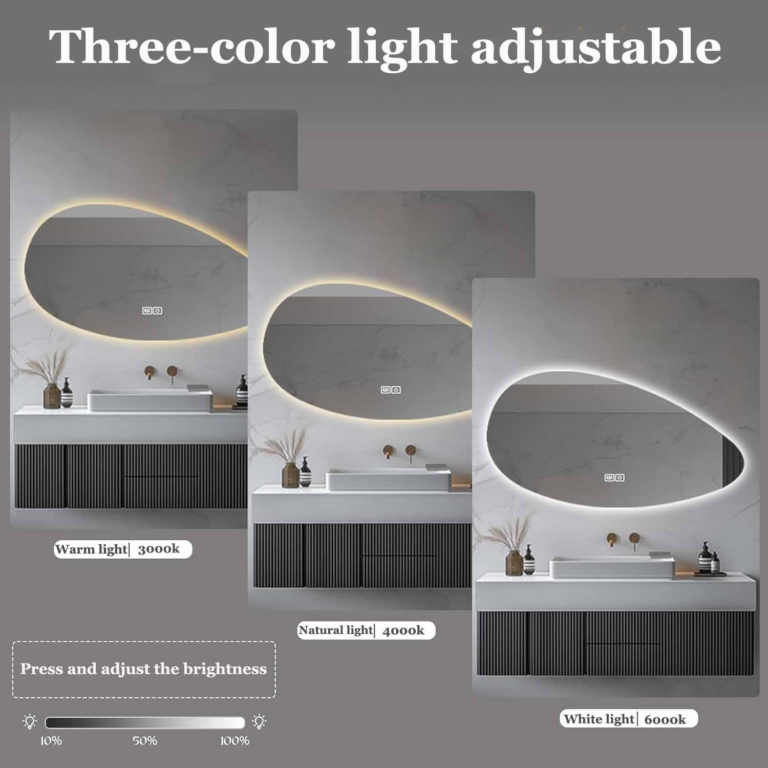Lustro ścienne LED - 130 cm asymetryczne podświetlane lustro łazienkowe - bezramowe, nieregularne, owalne lustro toaletkowe ze światłem, 3 regulowane temperatury barwowe (120 * 75 cm (47,2 *
