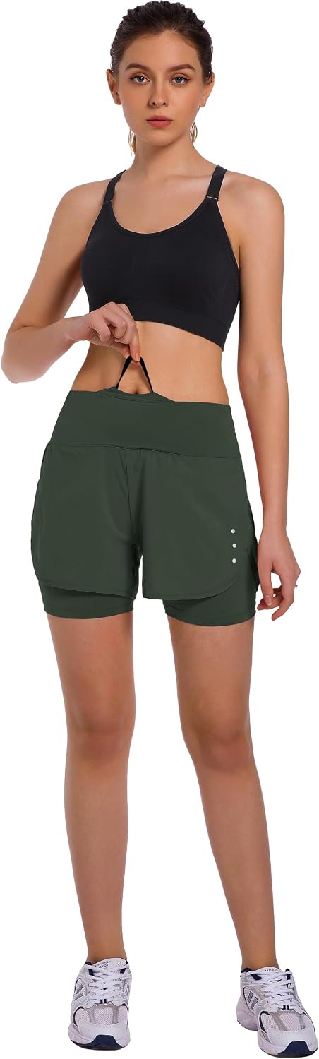 Ksmien Women's 2 in 1 Running Shorts - Lightweight Athletic Workout Gym Yoga Shorts Liner with Phone Pockets