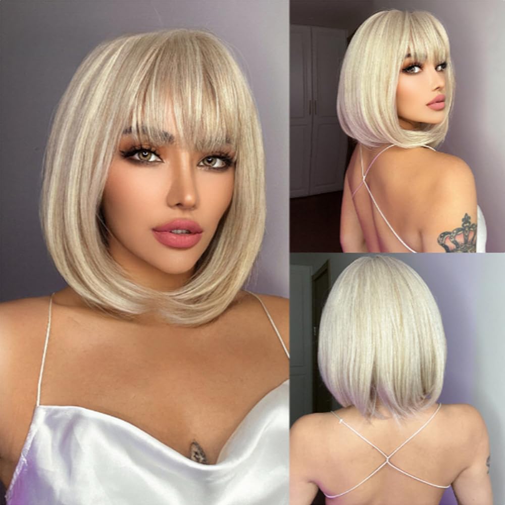 Blonde Short Wigs Straight Bob Hair Wig for Women Wigs with Bangs Synthetic Daily Use Wigs Wig Cap Include (Golden)