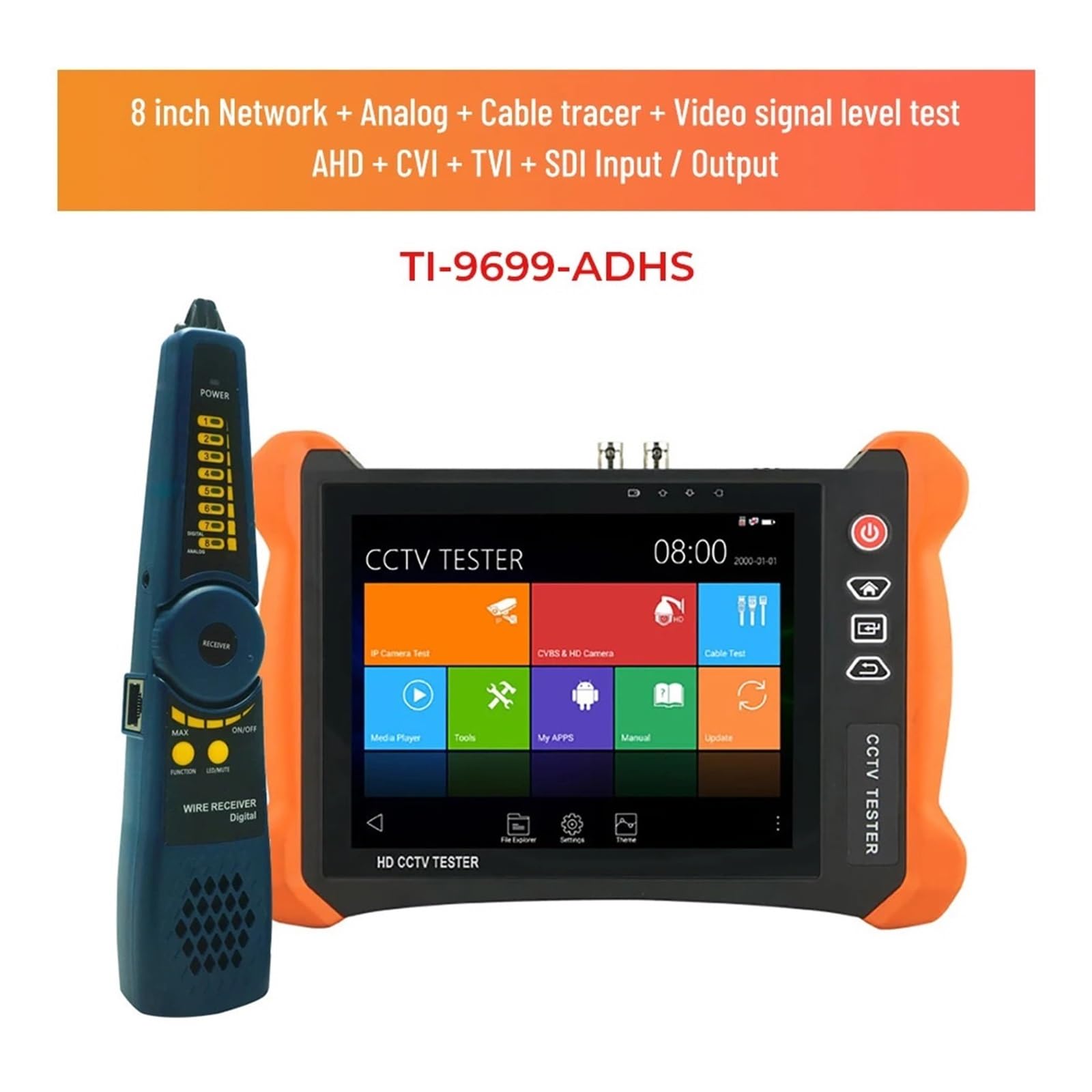 Tester CCTV, 8-calowy Tester Kamery IP 12MP X9 Monitor CCTV 4K AHD/TVI/CVI/SDI Wszystko W 1 Kamera Analogowa IPTV Tester Monitora Wejście/wyjście,Lekki(X9-ADHS)