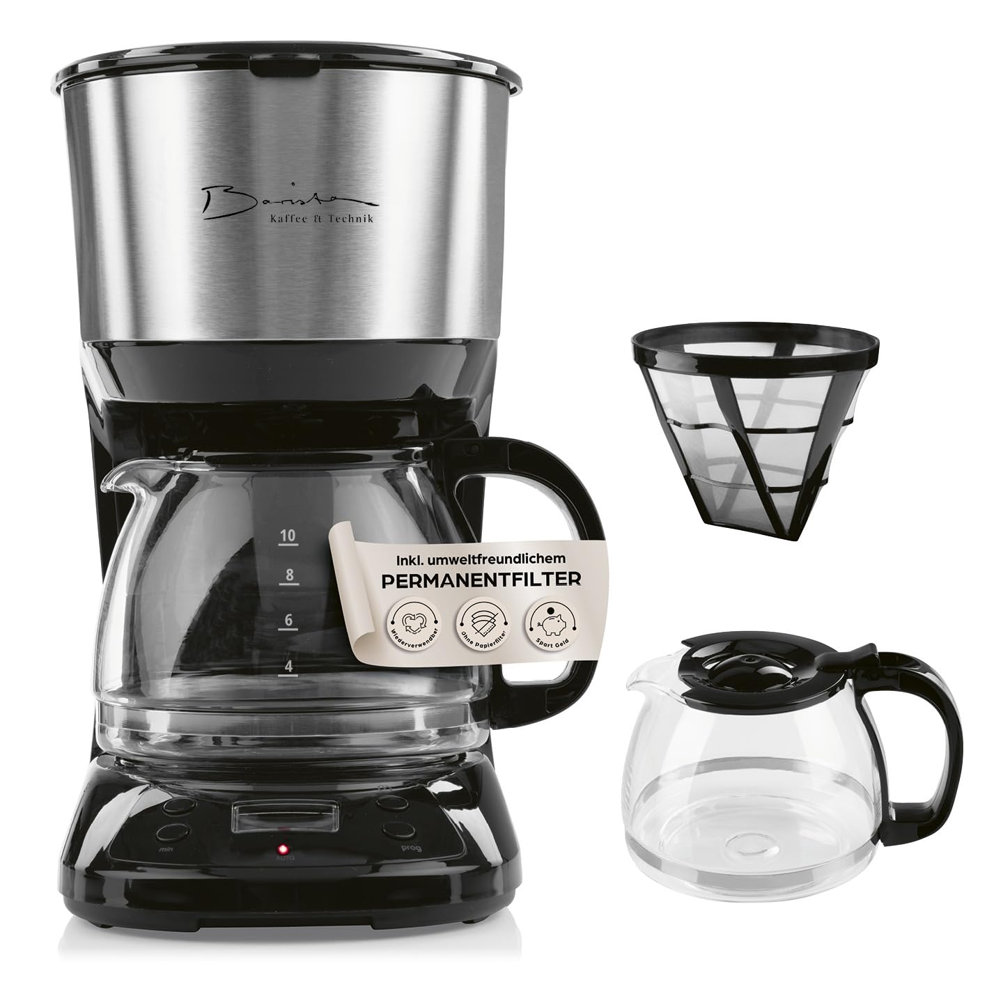 Barista Filterkaffeemaschine mit Glaskanne | Kaffeemaschine mit Digitaldisplay & Timerfunktion | Filtermaschine mit Tropfstopp & 900W | 1,25 Liter Kaffeekanne für 10 Tassen Kaffee