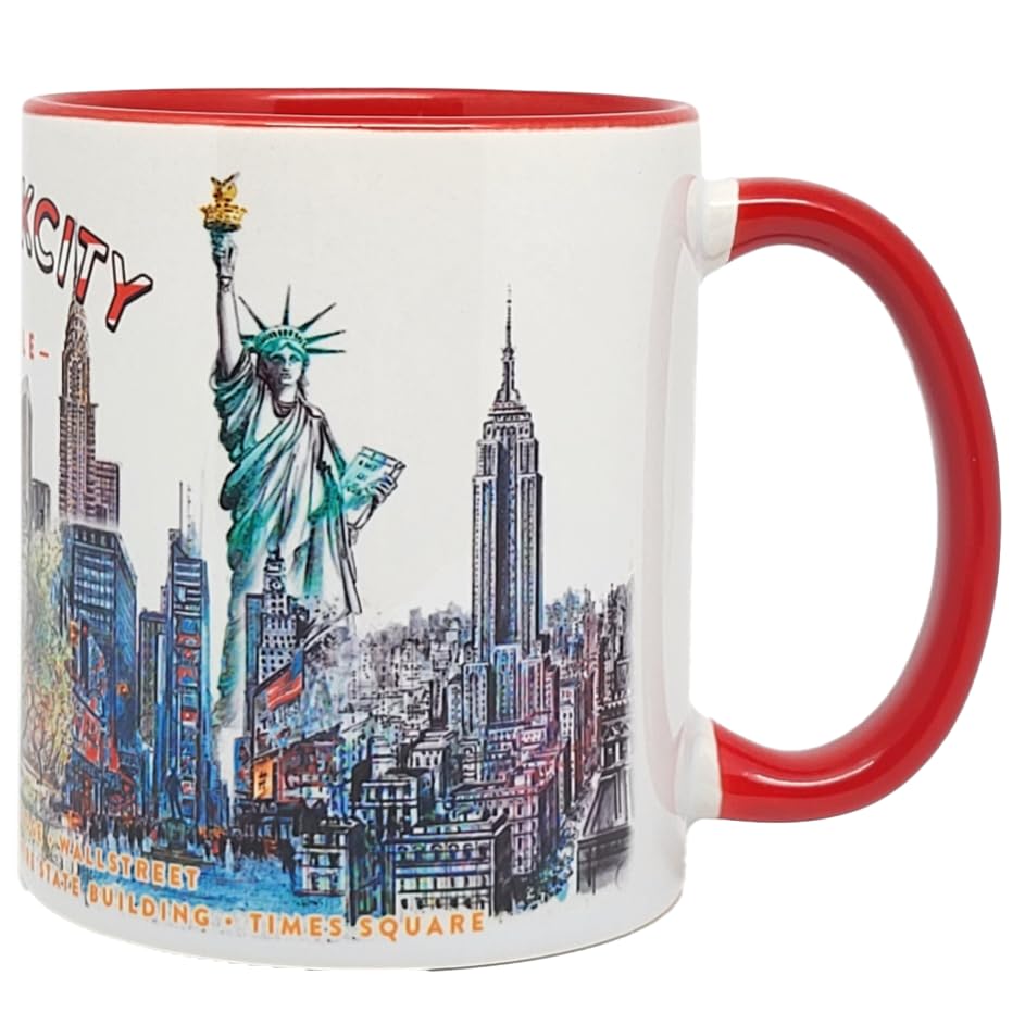 DESSAPT Arts - Mug Céramique 325 ml - New York City avec Design Exclusif - Tasse Cadeau Unique Imprimée en France - Blanc et Rouge