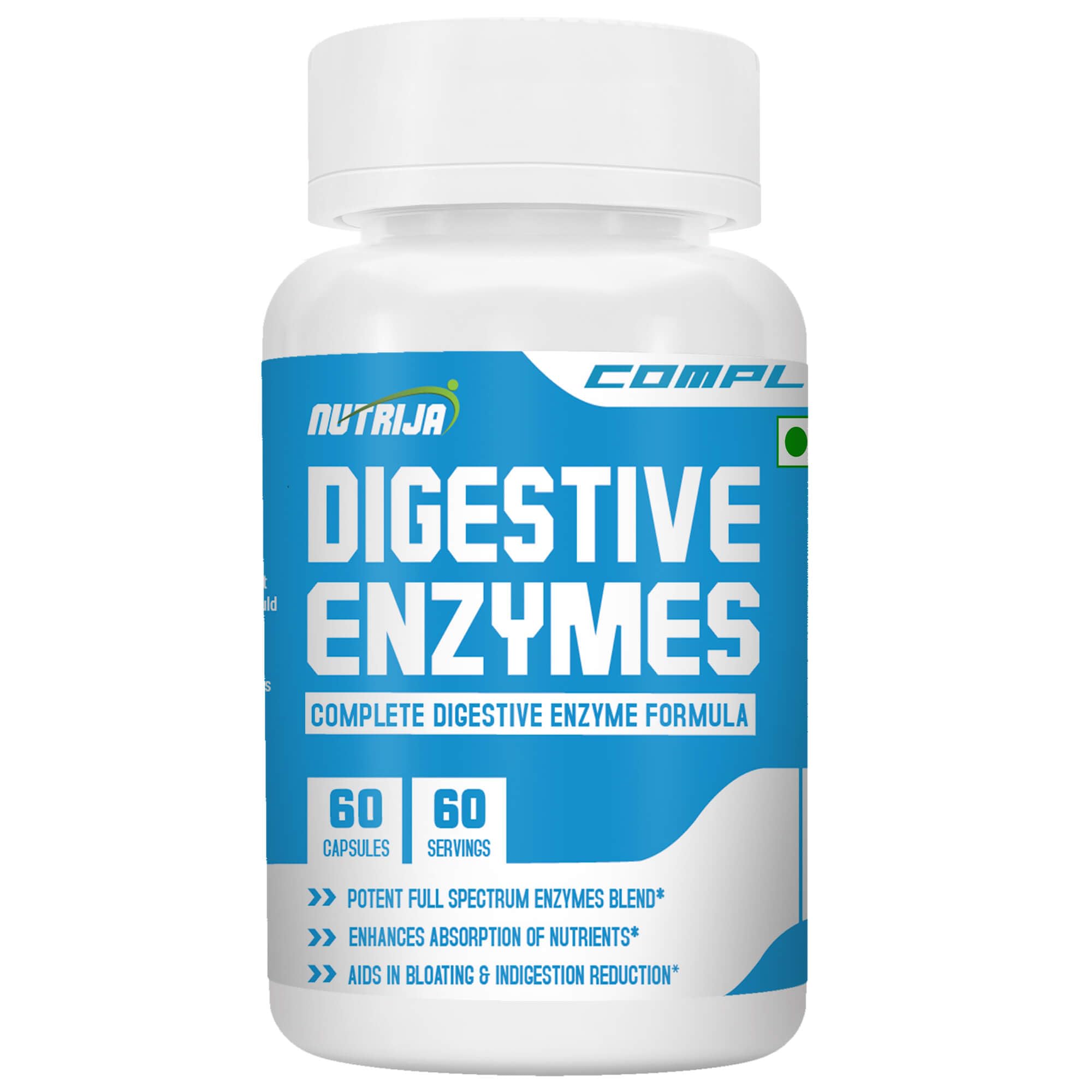 Nutrija Complete Digestive Enzymes- Full spectrum Digestive Ezyme Supplement- 60 Capsules
