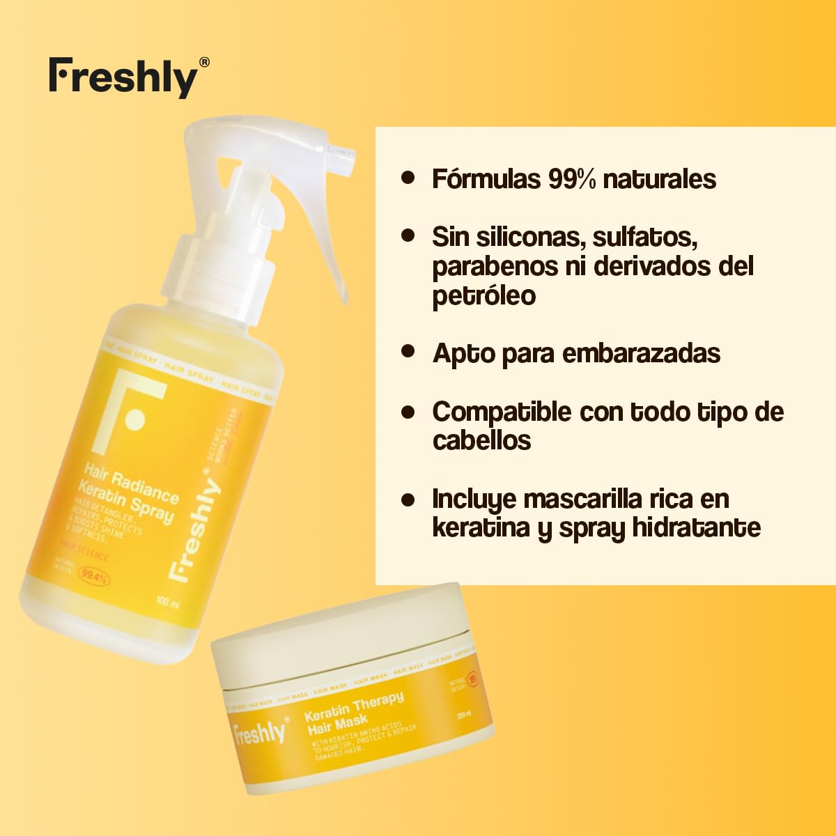 Freshly Keratin Strength & Repair Pack Rutina Capilar Natural para Pelo Dañado Mascarilla Reparadora + Spray Desenredante Keratina Vegana Biomimética 99% Natural