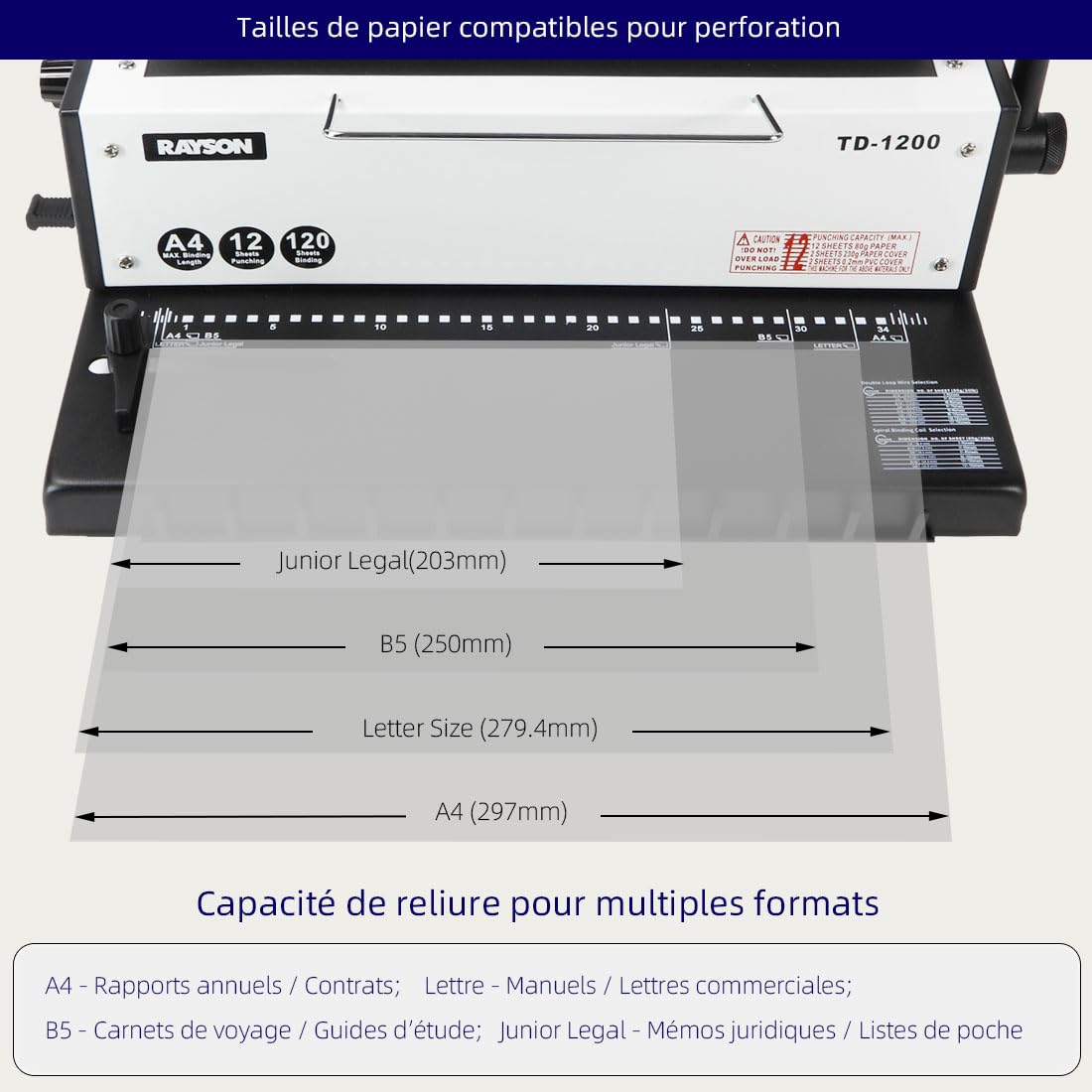 RAYSON Relieuse Spirale Métallique TD-1200, Pas 3:1, 120 Feuilles, Construction Métallique
