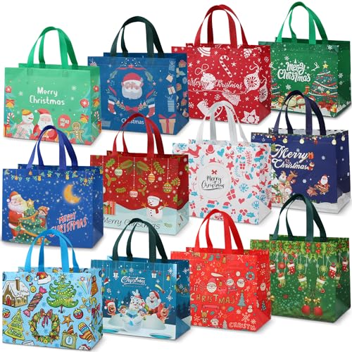 Catálogo de Navidad comprados en linea. 42 Paquete de 12 Bolsas de regalo de Navidad,Grandes de Navidad con asas,bolsa de regalo reutilizable para compras de comestibles,eventos, fiesta,suministros de fiesta de...