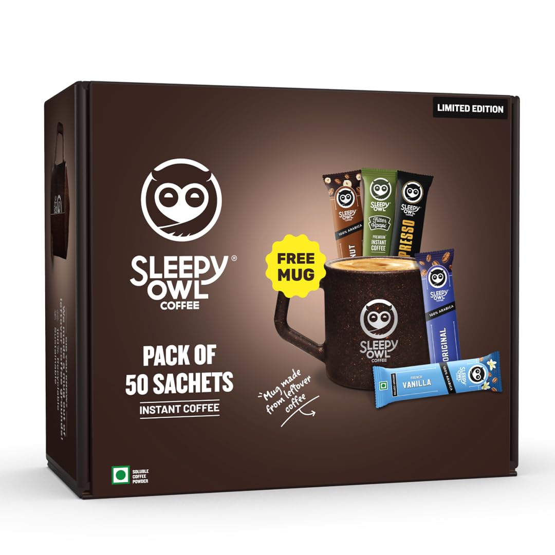 Sleepy Owl Instant Coffee Gift Pack | 50 Coffee Sachets + Free Mug | Assorted Flavours: Original, French Vanilla, Hazelnut, Xpresso & Filter Kaapi | Perfect Premium Coffee Gift Set
