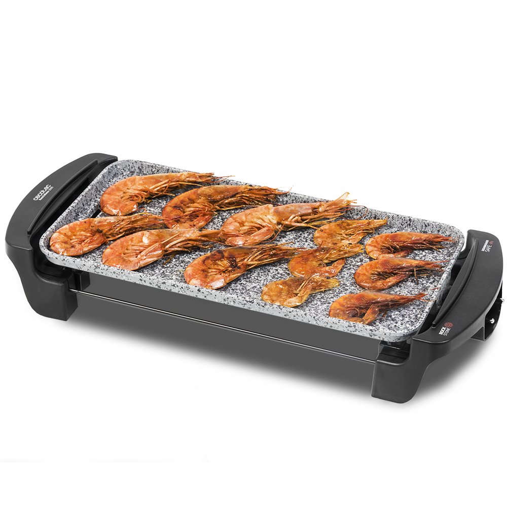 Cecotec Elektrische Grillplatte Rock&Water 2000.RockStone Steinverkleidung, Einstellbarer Thermostat, spülmaschinenfest, 40 x 20 (1800 W, Grau und Schwarz)