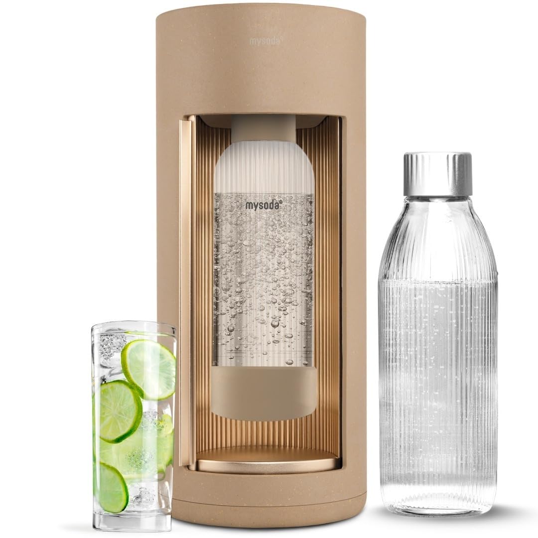 Mysoda ガラスデザイン スパークリングウォーターメーカー 1Lガラスとプラスチックボトル付き - 静音北欧デザイン ソーダメーカー スライドドア開口部 - シリンダーなし - カラーラテ