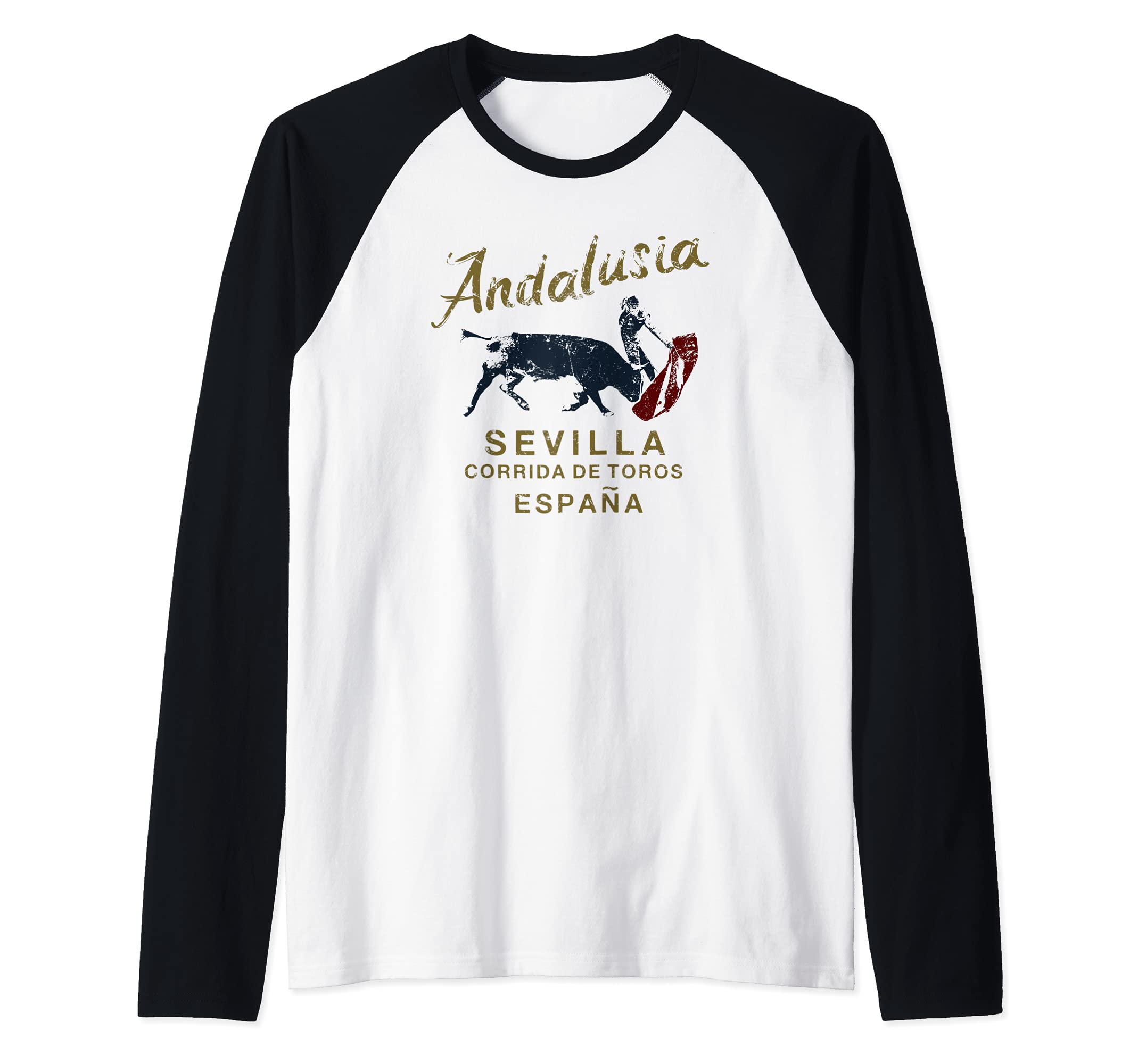Seville Spain Bullfight Andalusia Vintage Raglan Baseball Tee, Black