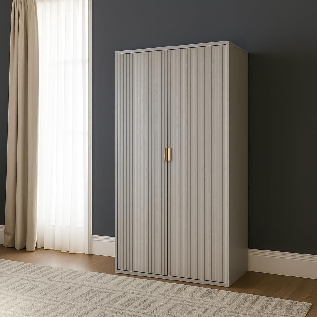 Home Treats Bedroom Furniture Set Taupe Wooden Wardrobe, Chest of 4 Drawers, Bedside Table with Gold Accents, 3 Piece Set Ridged Design (Wardrobe)