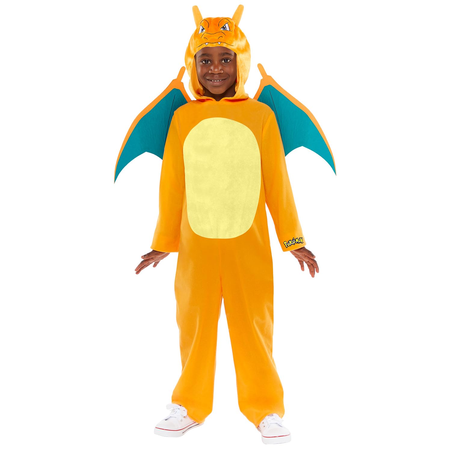 Amscan 9918509 – Offiziell lizenzierter Unisex-Overall „Pokémon Glurak“ mit Kapuze, Kostüm für Kinder, Alter: 8-10 Jahre (134 cm), Orange/Gelb