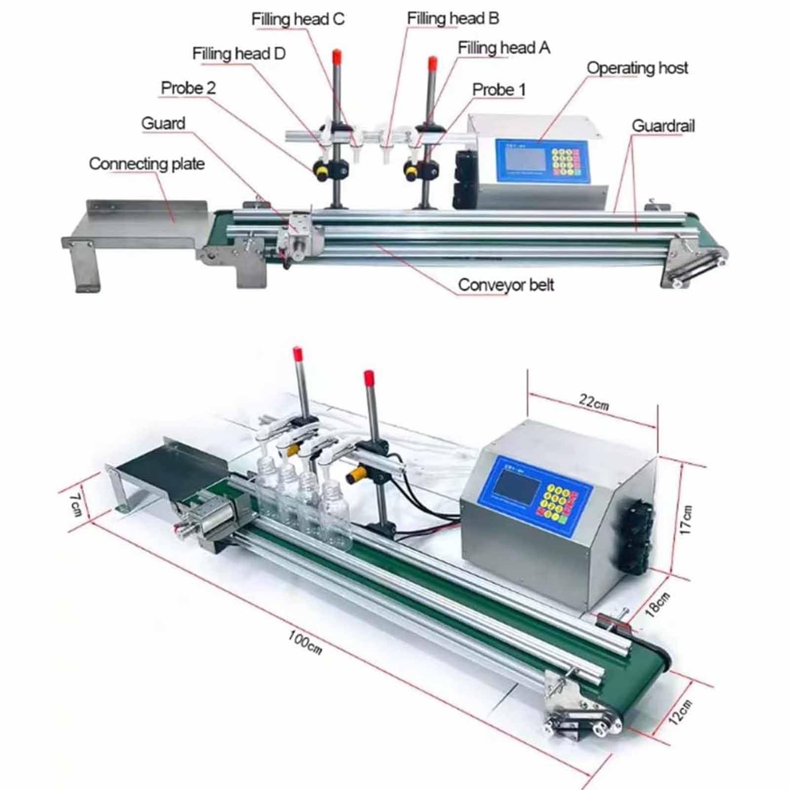 Riempitrice Automatica Liquidi a 4 Teste,150 W,Riempitrice per Bottiglie 10-500 Ml con Nastro Trasportatore, velocità Regolabile per Vino/Bevande/Cosmetici, Mini Linea Produzione,4H1200