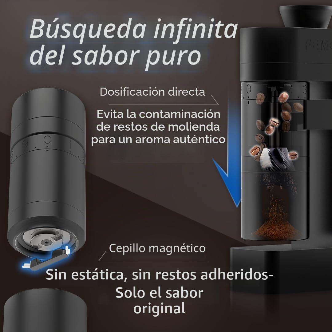 A5Molinillo de café eléctrico de muelas,versión con batería,negro | Recargable por USB, con muelas cónicas de acero inoxidable de 53 mm, para espresso y café de filtro