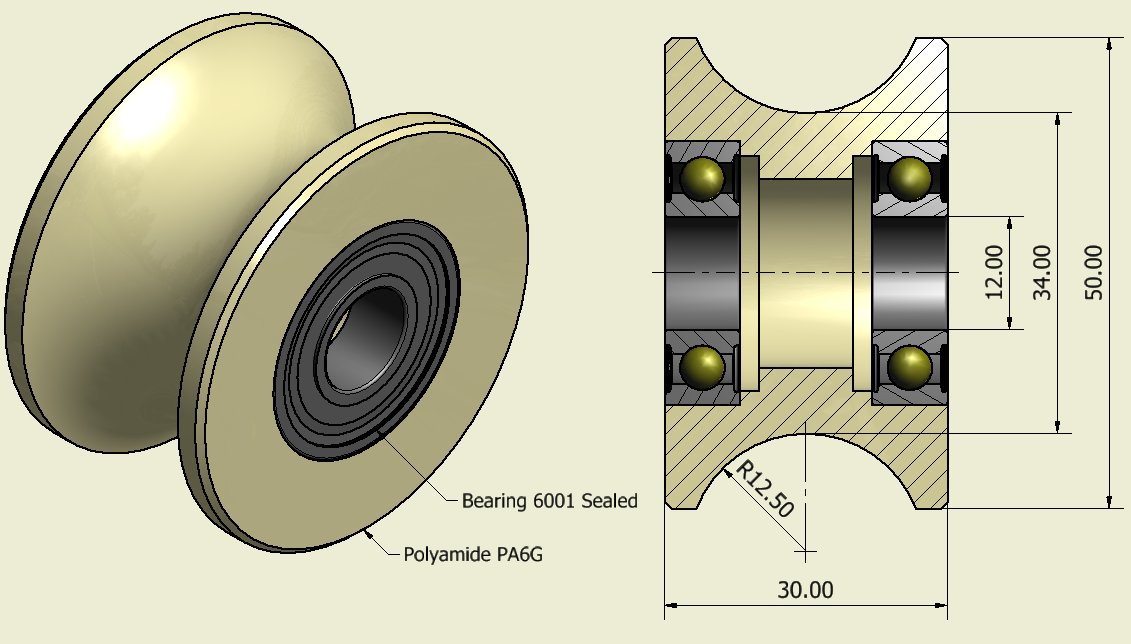 Lot de 4 x 50 mm poulies en nylon usinées avec rainure de 25 mm - Fabriquées en Union européenne, 12 mm Bearings, 4