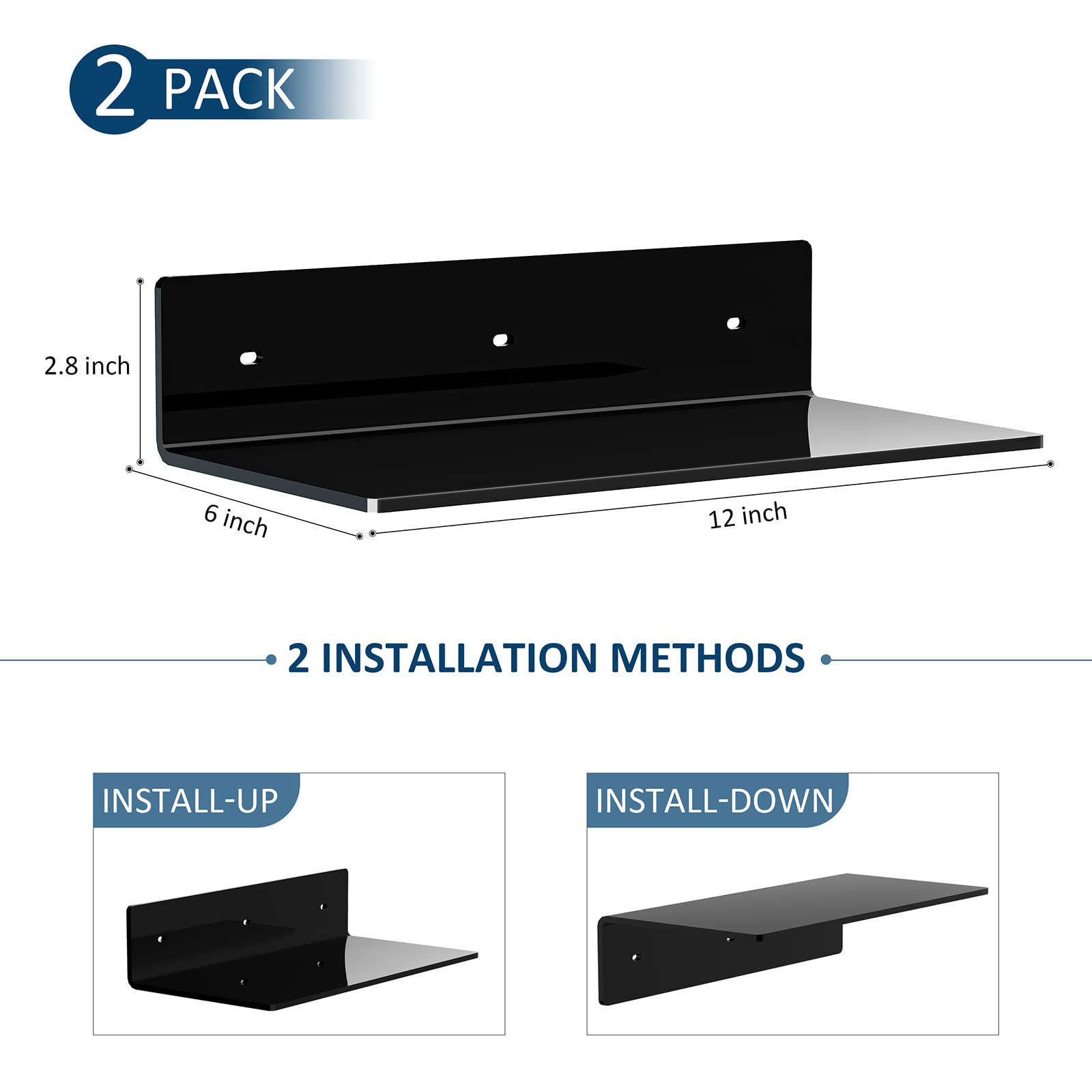 Sezanrpt 12 Inches Small Black Wall Shelves Set of 2 - Image 2