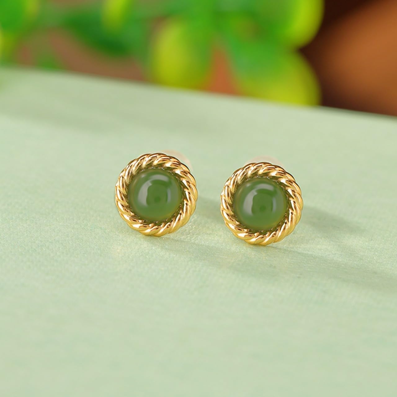 14K Gold Hetian Jade and White Jade Stud Earrings for Women, Vintage Twist Design, for Her on Mother's Day