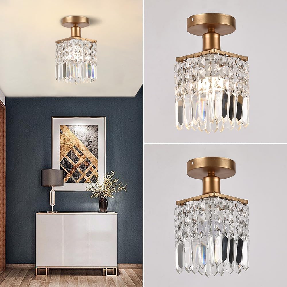 Small Crystal Ceiling Light Fixture,Copper Metal Frame,Chandelier for Dining Room/Bedroom/Entrance/Study Room/Corridor/Balcony Lighting, E26 Socket