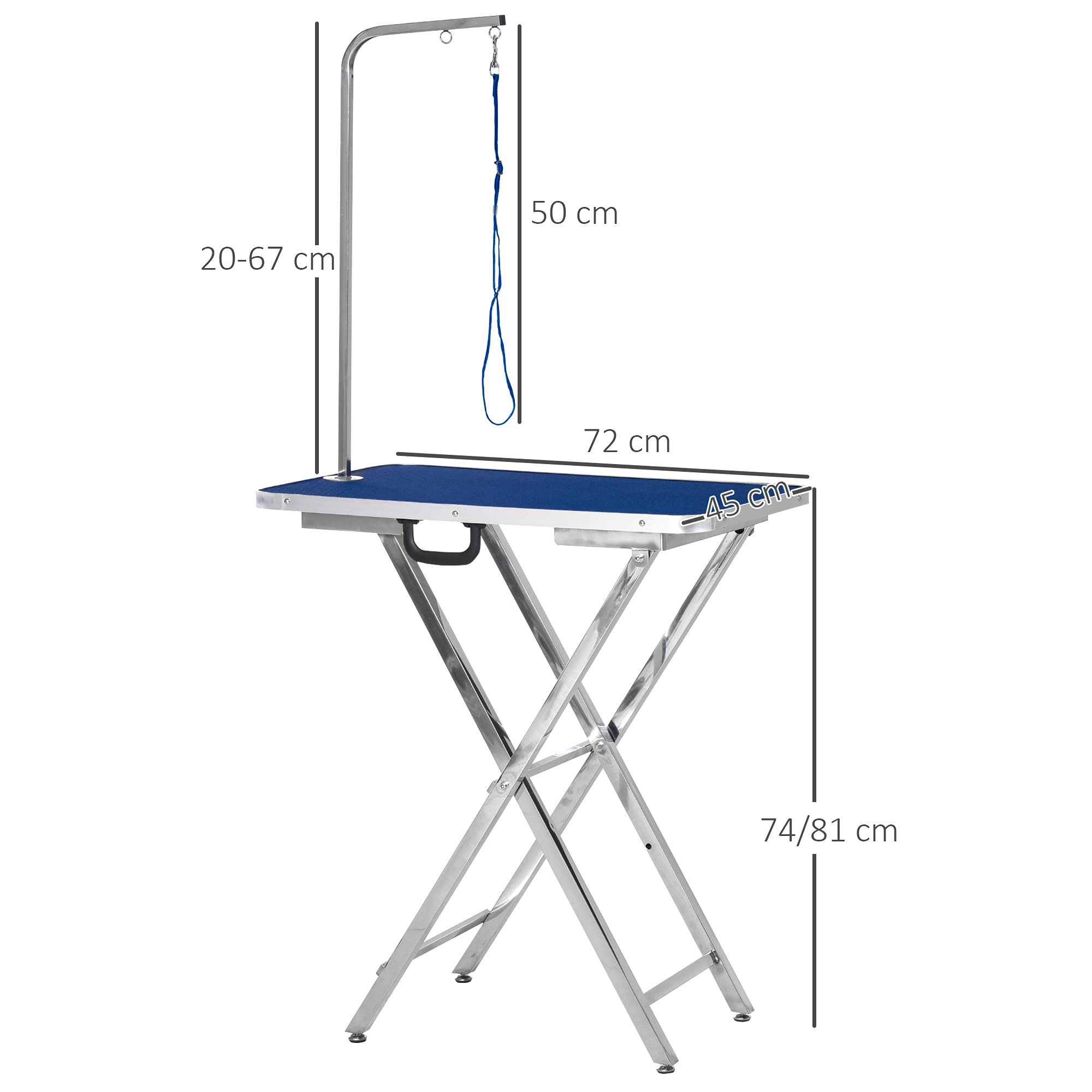 PawHut Table de toilettage Hauteur réglable, plateau antidérapant, pieds pliables en acier inoxydable, poignée et bras ajustables 72x45x74-81 cm Bleu