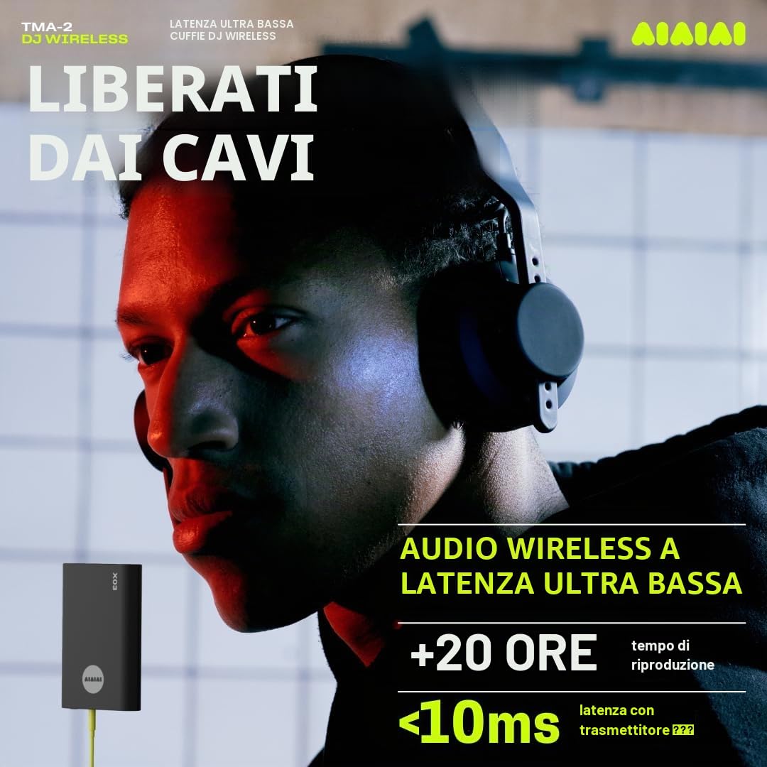 AIAIAI TMA-2 DJ Wireless - Cuffie DJ wireless professionali con audio a latenza ultra ridotta, oltre 20 ore di autonomia, design leggero e resistente, cuscinetti ad alto isolamento