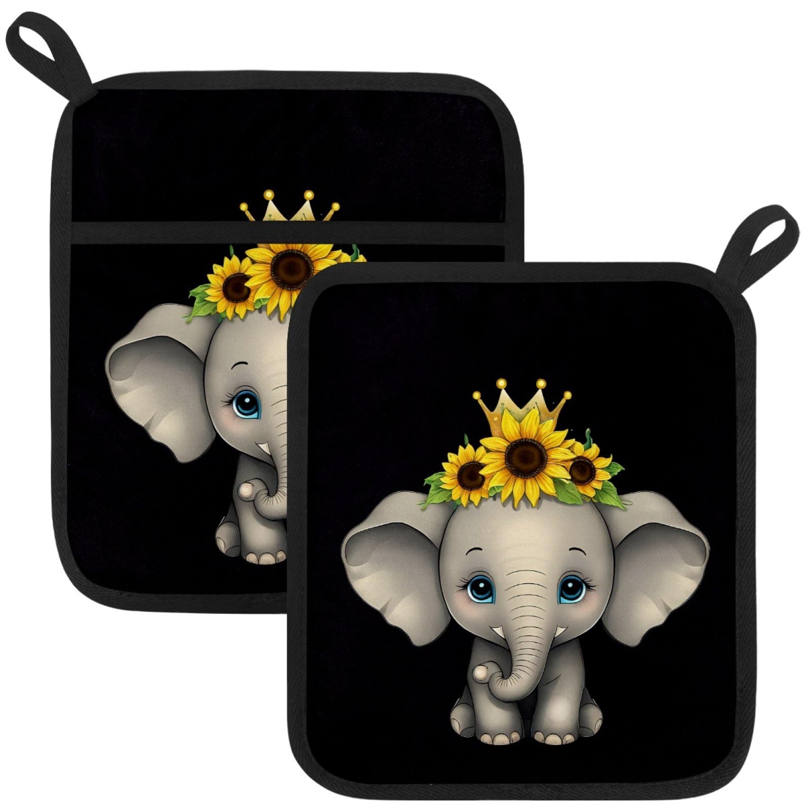 VAPOKF Elephant Sunflower Heat Resistant Pot Holders, Thick Pot Holders Pad with Hanging Loop for Kitchen, Oven Cloth Pads for Kitchen Baking Microwave Oven