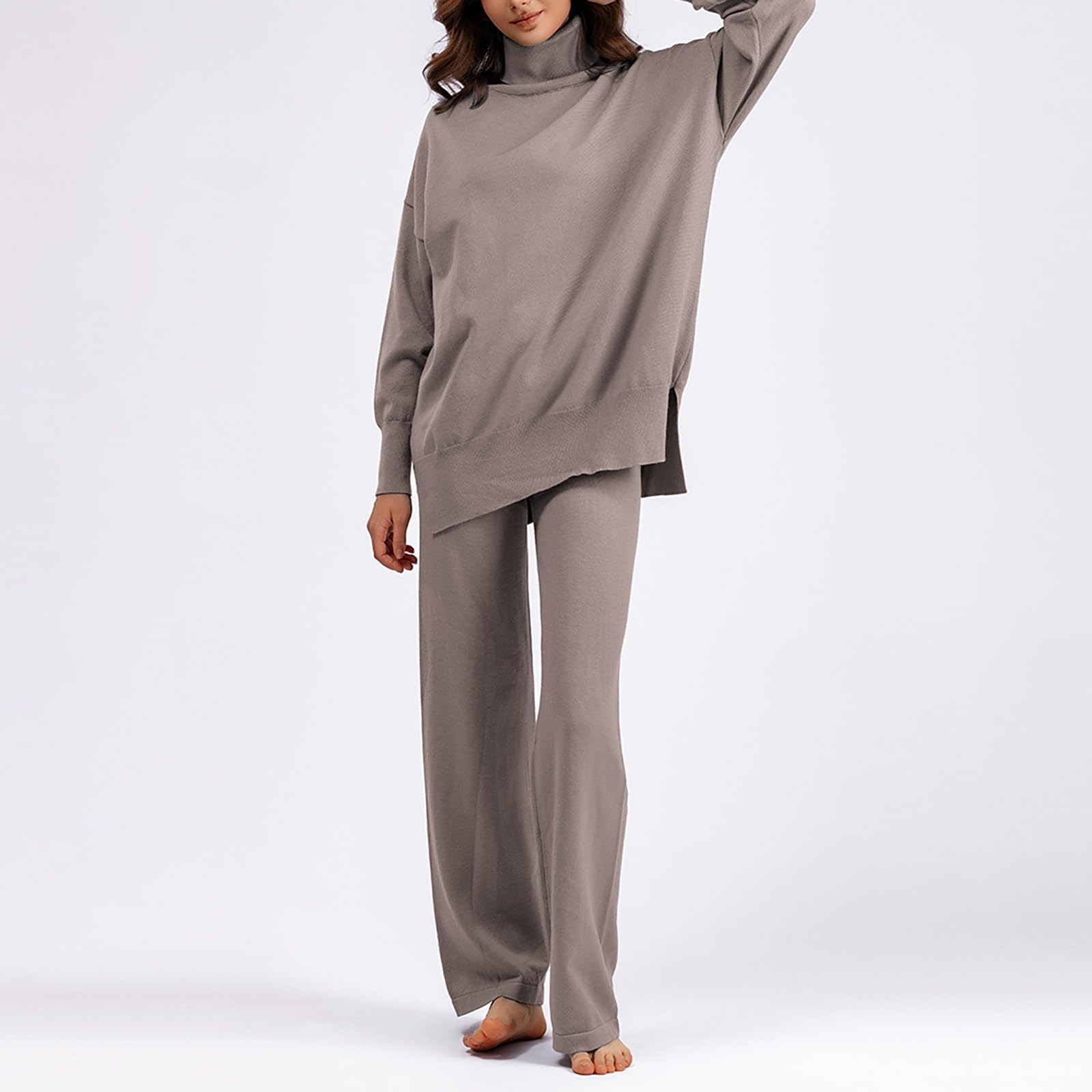 Pigiama da donna, lungo, invernale, a maniche lunghe, in due pezzi, per l'inverno, casual, con colletto alto, a maniche lunghe, 2 pezzi