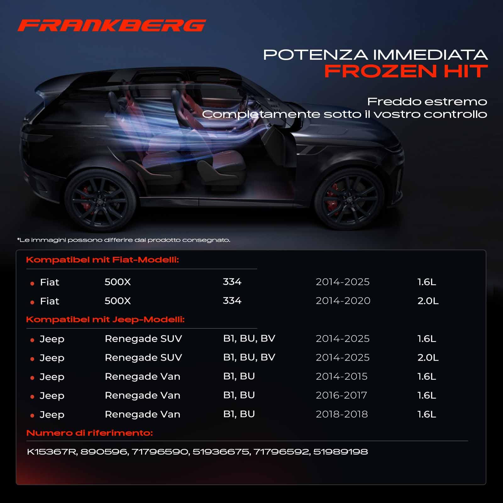 Frankberg Compressore per aria condizionata con frizione 51936675 | Compatibile con: 500X 334, Renegade Van B1 BU, Renegade SUV B1 BU BV
