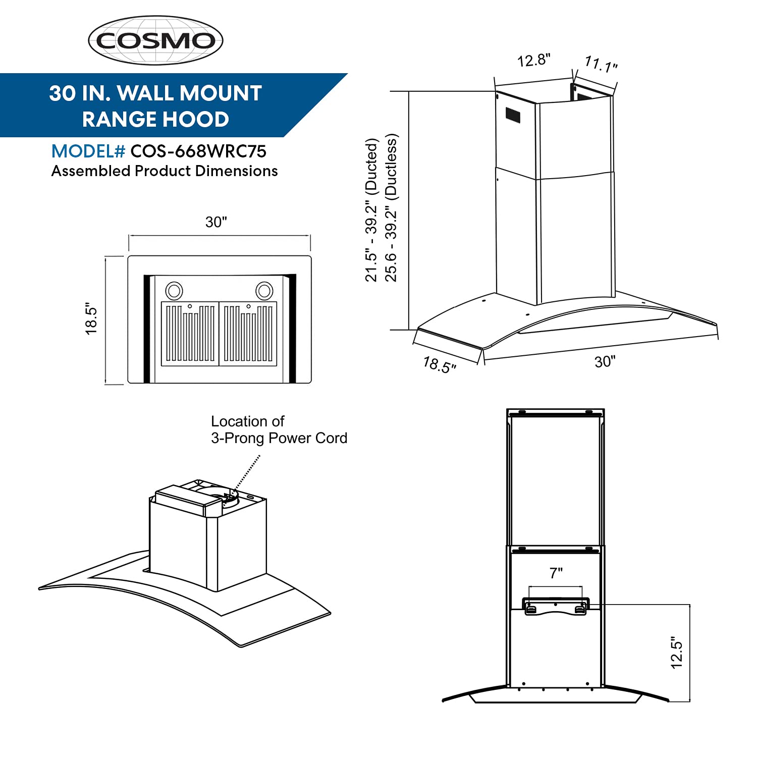 Cosmo COS668WRC75 Wall Mount Range Hood with Ducted Exhaust Vent, 3 Speed Fan, Push Button