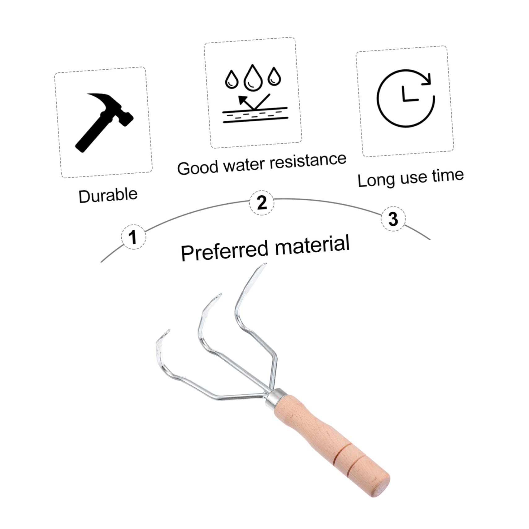 Balacoo 3-Prong Cultivator Wooden Handle Tiller Cultivator Rake Garden Hand Rake Portable Soil Loosener Tool