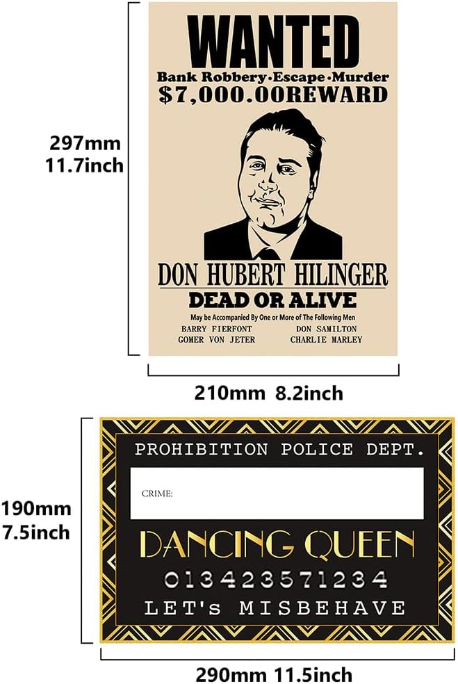 Roaring 20s Mug Shot Photo Booth Props, Height Chart Backdrop, Wanted Sign Posters Pack 26-Count