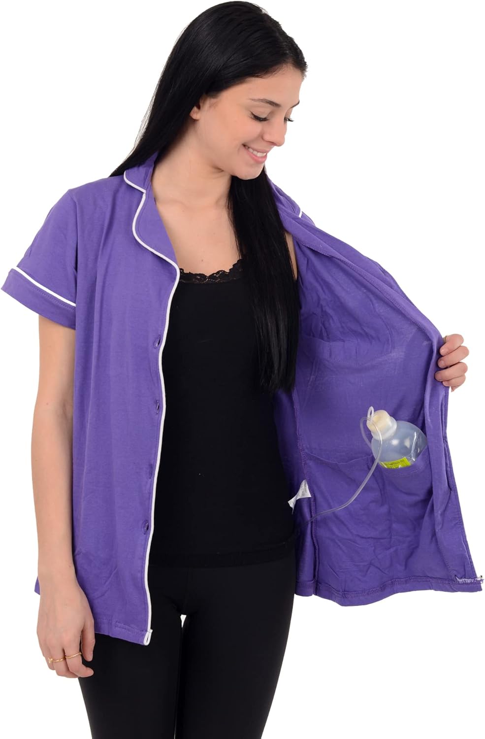 Miniatura 6 de USBD Camisa de recuperación de cirugía posterior a la mastectomía, cuello de solapa con bolsillos de drenaje