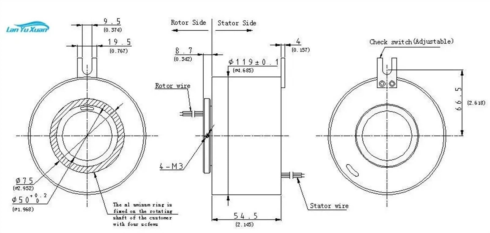 Anillo deslizante de eje hueco con orificio pasant Rotores Anillo colector de eje hueco 50 mm diámetro 6 vías 12 10 A 113 exterior(6-way 10A 50mm)