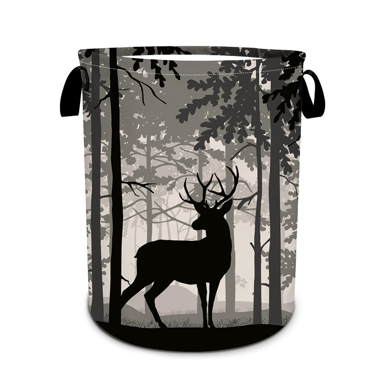 Deer Pine Tree Laundry Basket, Foggy Forest Laundry Hamper Foldable Waterproof Funny Tote Bag Dirty Clothes Storage Bucket Toy Organizer for Bathroom/Laundry/Bedroom 15.7