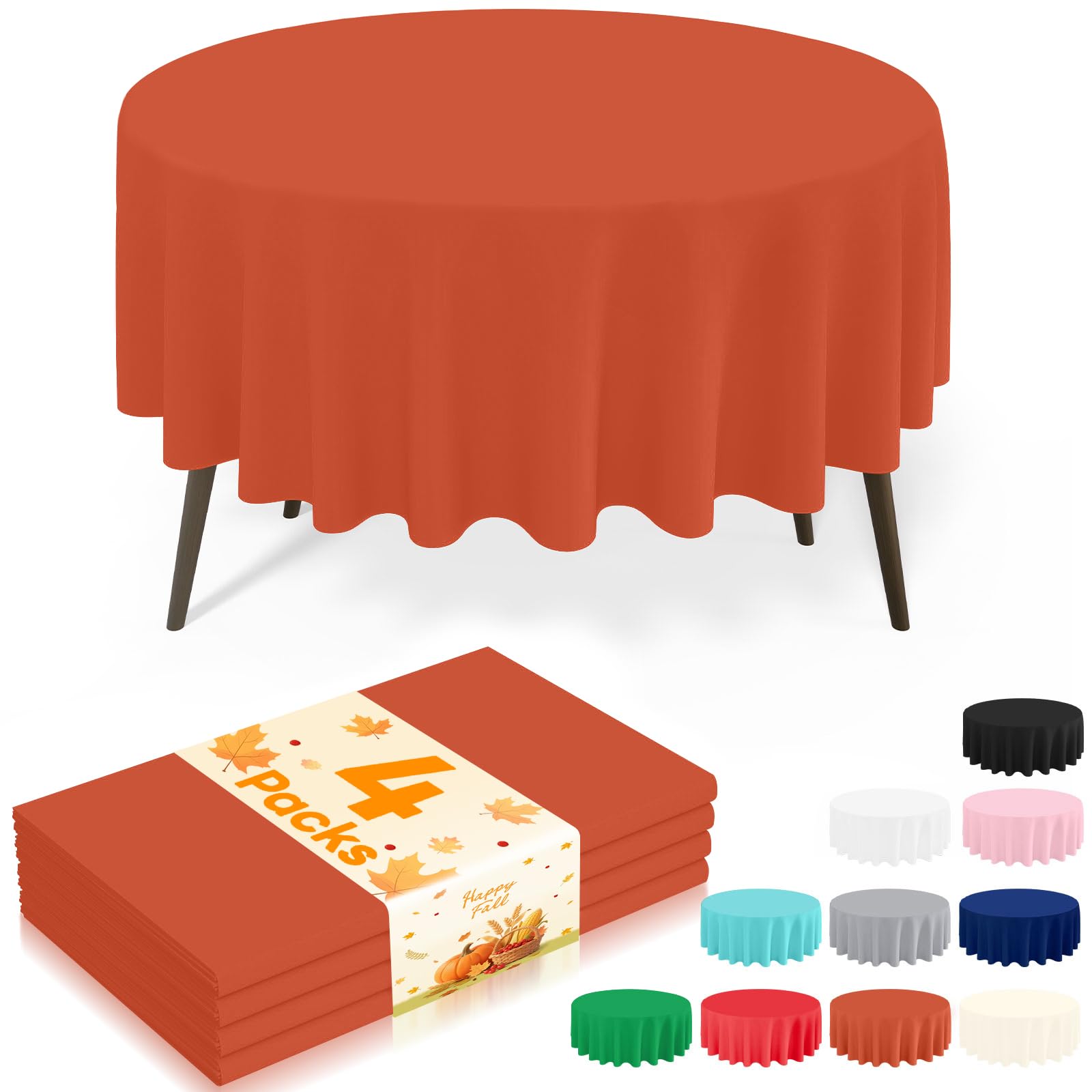 misaya 4 Packs Disposable Plastic Table Cloth, 84" Round Waterproof Tablecloth, Leakproof &amp; Sturdy Decorative Table Covers for Picnic, Party, Outdoor and Fall, Rust