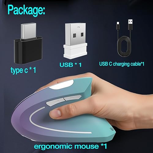 Miniatura 8 de Vassink Ratón ergonómico inalámbrico recargable, conexión USB A+tipo C (2 en 1), 80012001600 DPI, 6 botones, 2.4 GHz túnel carpiano vertical ratones