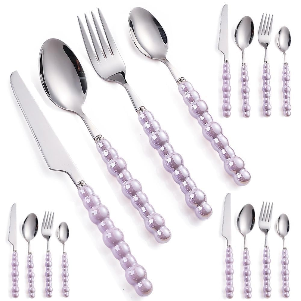 Perle Céramique Poignée Cuisine en Acier Inoxydable Argenterie Vaisselle Couverts Ensemble Créatif Hôtel Maison Steak Couteau Dessert Cuillère (Violet,16 pièces)