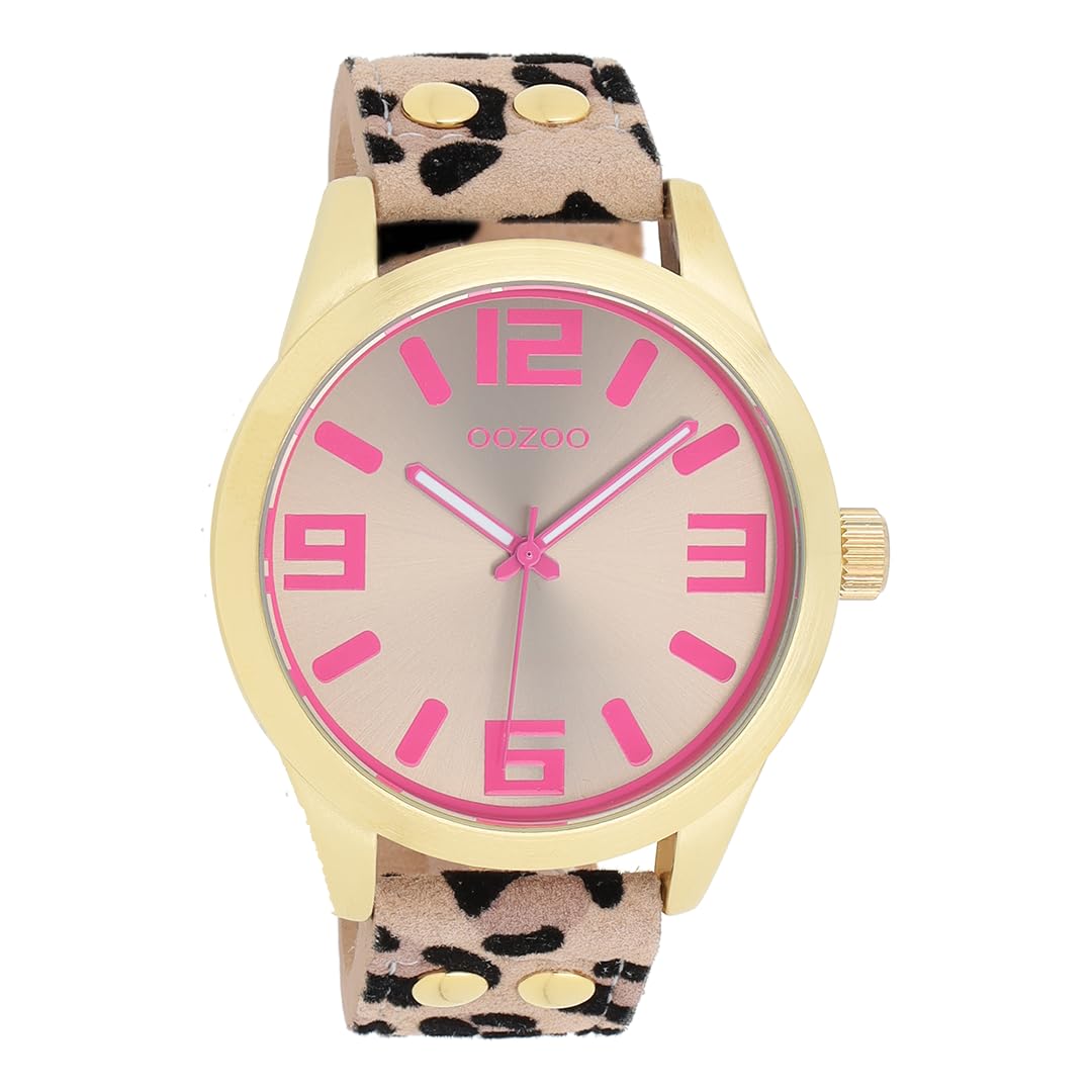 OOZOO Uhr Unisex Leopard/Taupe/Pink Armbanduhr mit Lederarmband