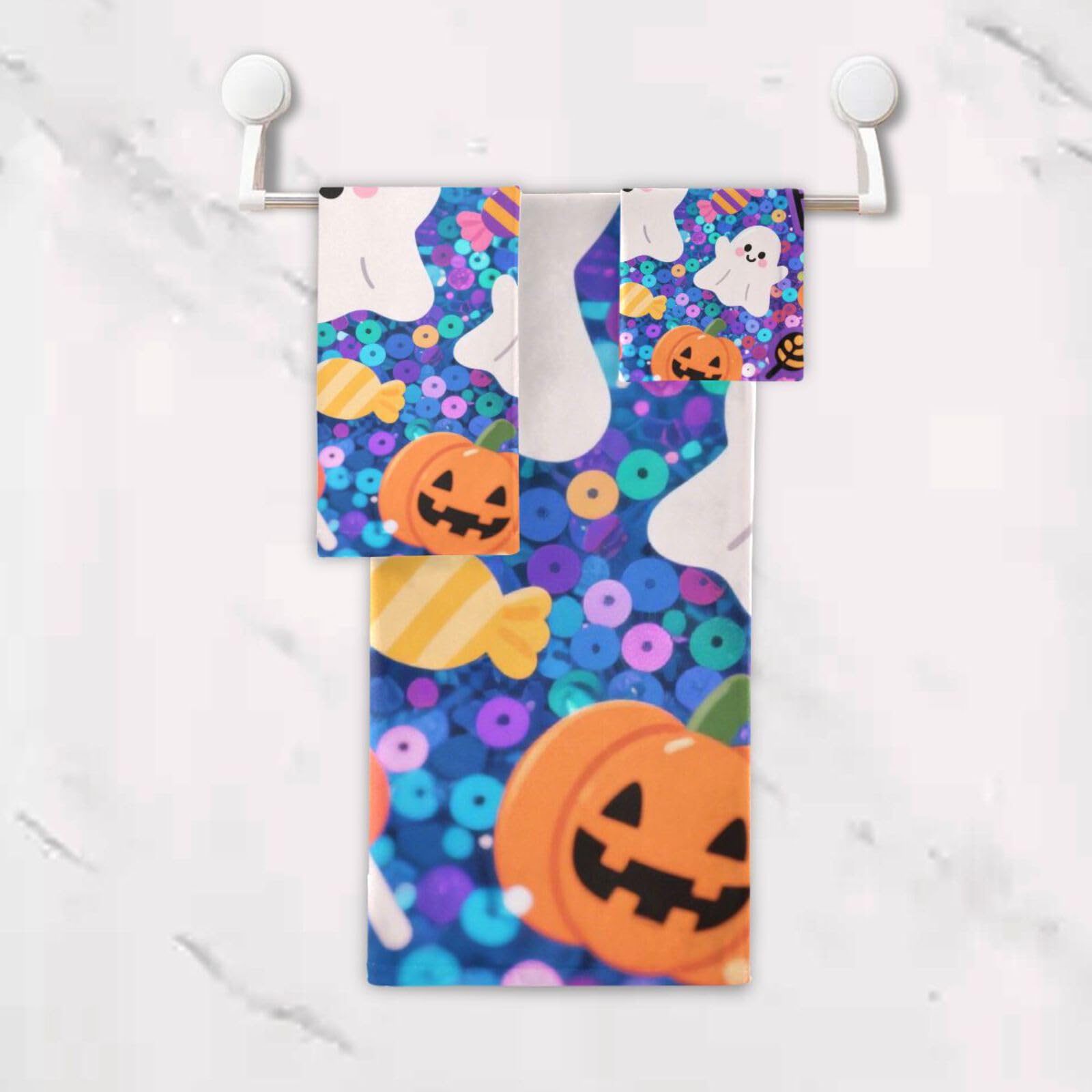 Halloween żółta dynia z cekinami szybkoschnące ręczniki do twarzy zestaw 3 sztuk, 1 ręcznik kąpielowy 1 ręcznik do rąk 1 ściereczka do łazienki kuchni