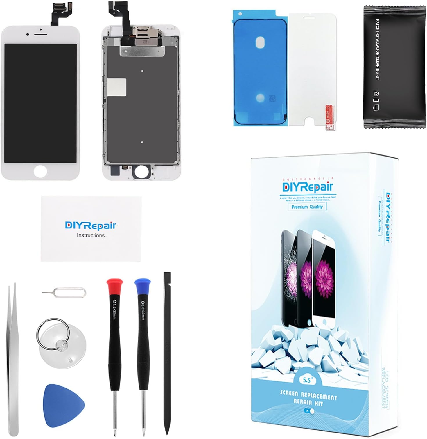 Premium Screen Replacement for iPhone 6S Plus 5.5', LCD Touch Screen Digitizer Display Assembly with Ear Speaker, Front Camera, Proximity Sensor, Tempered Glass, Repair Tools (White)