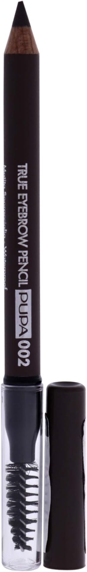 Pupa Milano True Eyebrow Pencil - Total Fill Eyebrow, Long Lasting and Waterproof - Wooden Pencil with Mini Comb - Combination of Waxes and Oils, Rich and Highly Pigmented - 002 Brown - 0.023 Oz