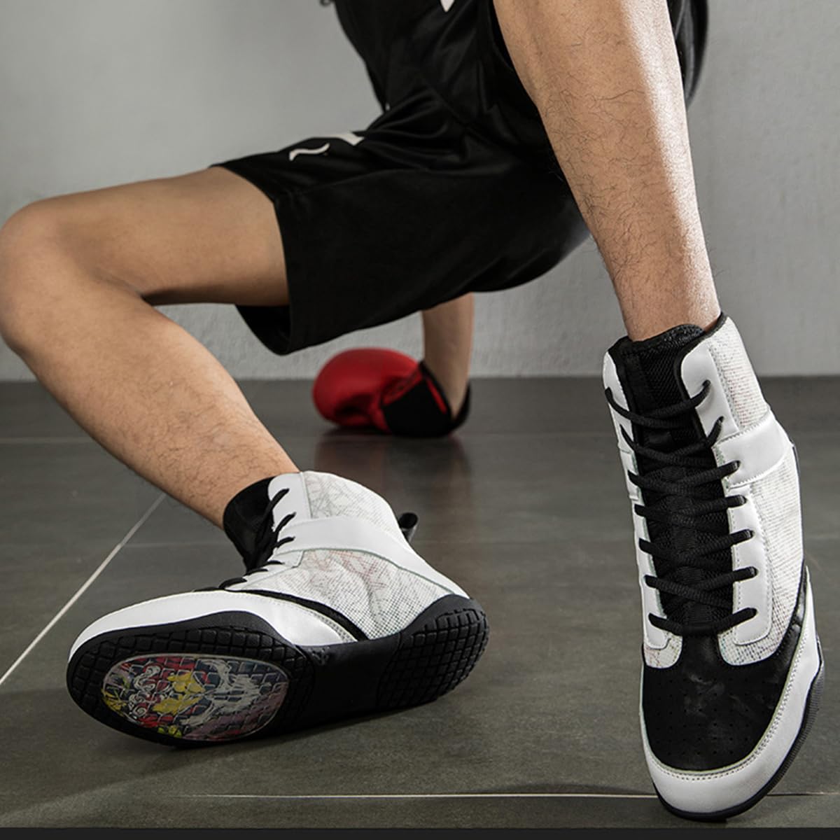 Zapatillas De Boxeo Alto Rendimiento para Hombres Zapatos de Lucha Libre Media Altura con Cordones, Superior de Malla Transpirab, para Entrenamiento Y Competición