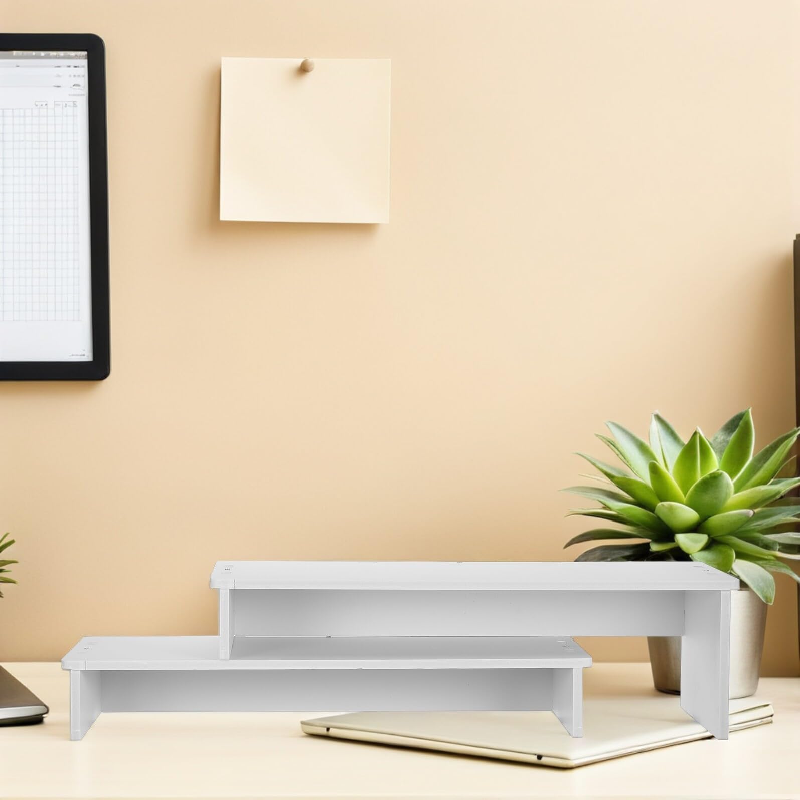 Supporto Monitor in Legno Bianco a 2 Livelli per Scrivania | Design a Doppio Strato, Superficie Raffinata, Base Stabile Antiscivolo, Adatto a Professionisti e Studenti