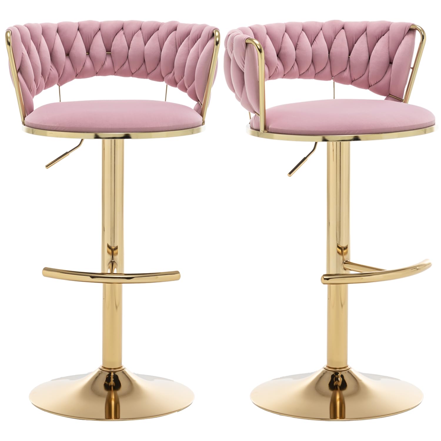Riknuxi Velvet Bar Stools Set of 2, Counter Height Barstools with Low Back, Gold Swivel Bar Stool for Kitchen Island, Pub (Pink)