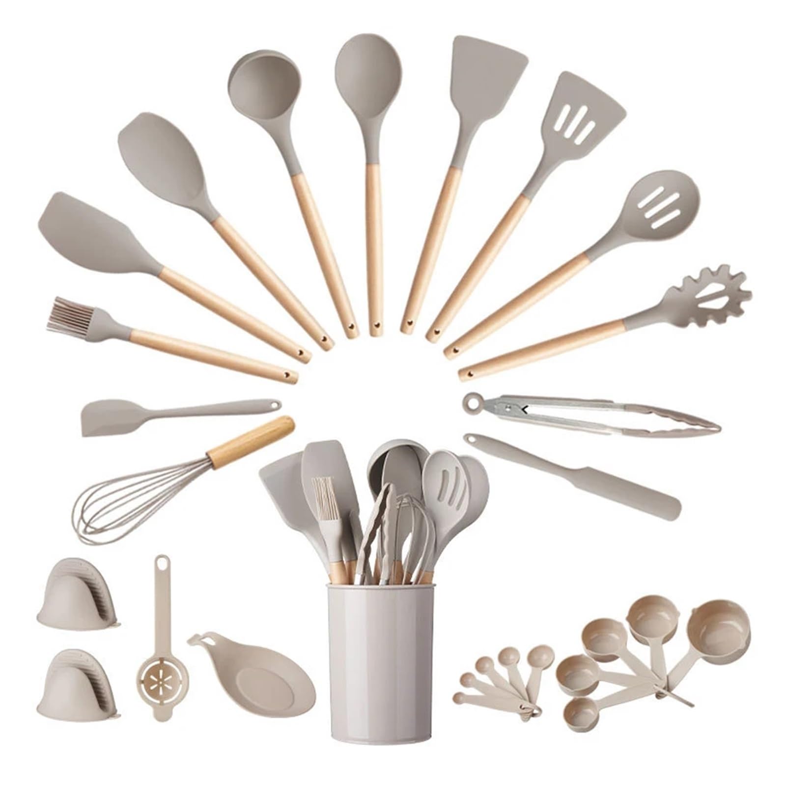 Silikon Küchenhelfer Set 28-teiliges Silikon-Kochutensilien-Set mit Halter, antihaftbeschichteter Küchenspatel, antihaftbeschichtetes Kochgeschirr(Ivory)