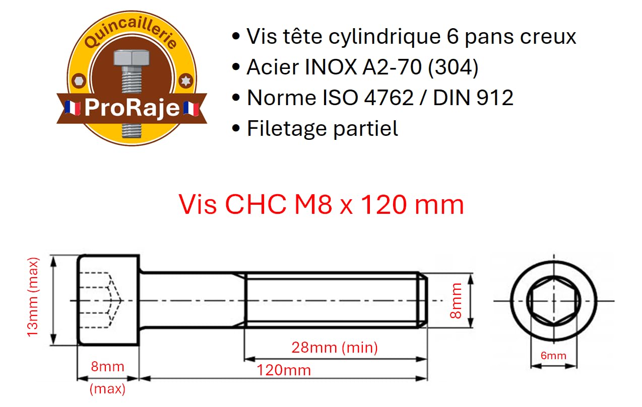 Screws Stainless Steel M8 x 120 mm Cylinder Head BTR Diameter 8 x 120 mm, A2 stainless steel, M8 x 120mm - Image 3