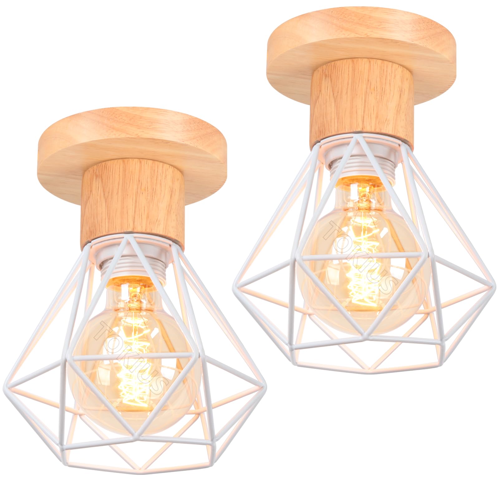 Plafonnier Vintage, Suspension Luminaire Industrielle E27 Lustre Abat-jour en Métal et Bois Ø160mm Rétro Pour Salon Cuisine Chambre (2pcs)