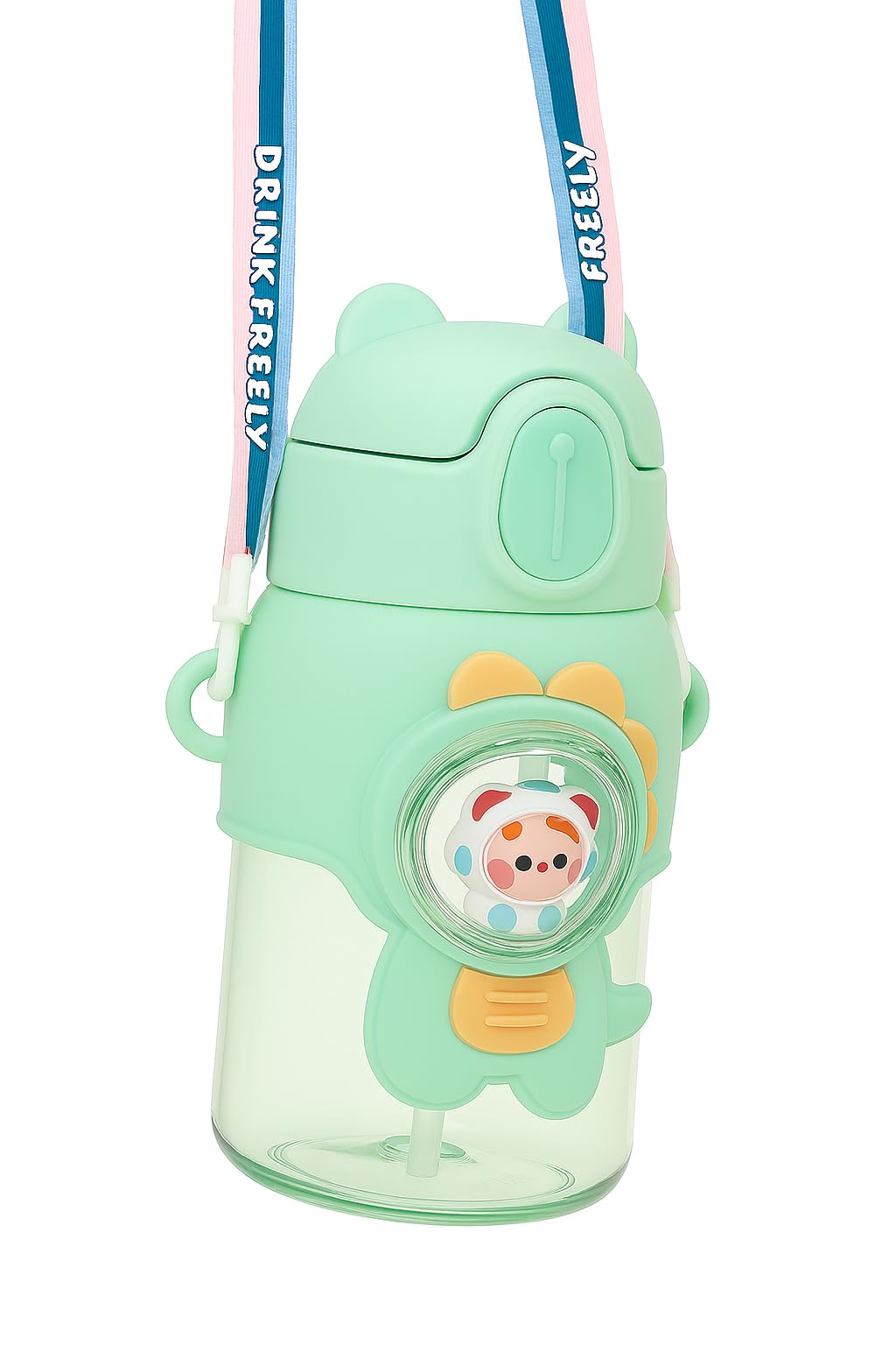 Water Bottle with Cartoon Design, 600ml Capacity, Flip Straw Lid, Leakproof School Travel Bottle with Strap