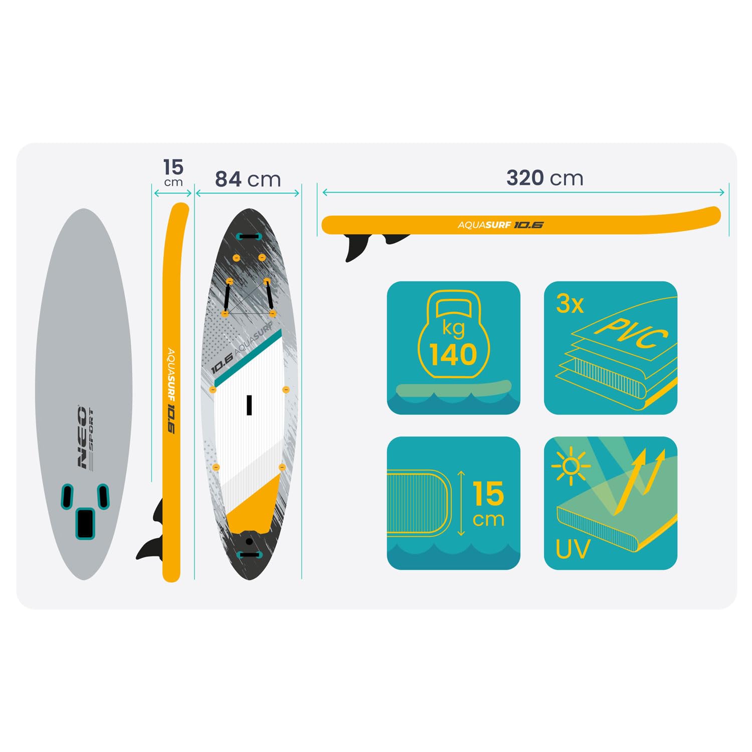 Neo-Sport Tavola da SUP Gonfiabile - 320 cm - Set di accessori - Zaino con pompa a mano Pagaia Leash - Aquasurf 10,6