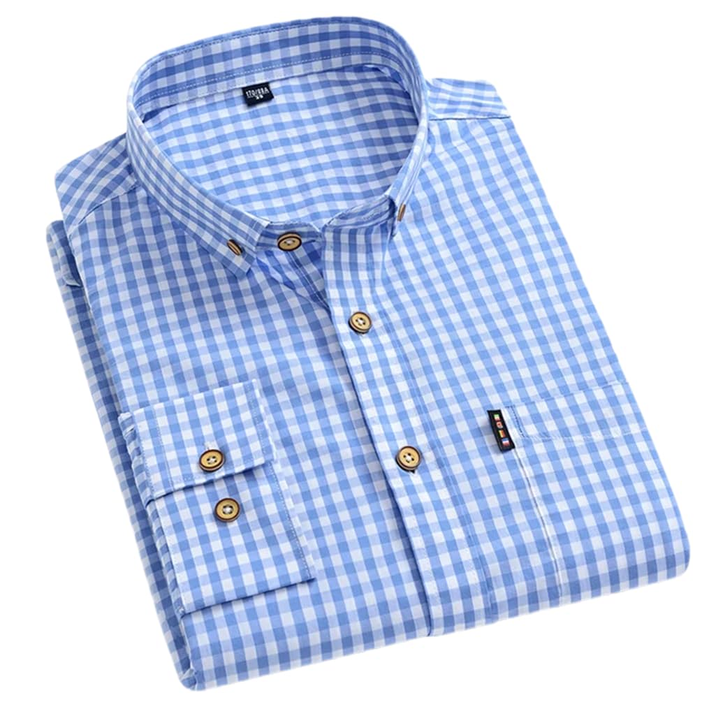 Adhdyuud Camisas de algodón suave y fino a cuadros para hombre, manga larga, con botones, ajuste regular, camisa de vestir a cuadros