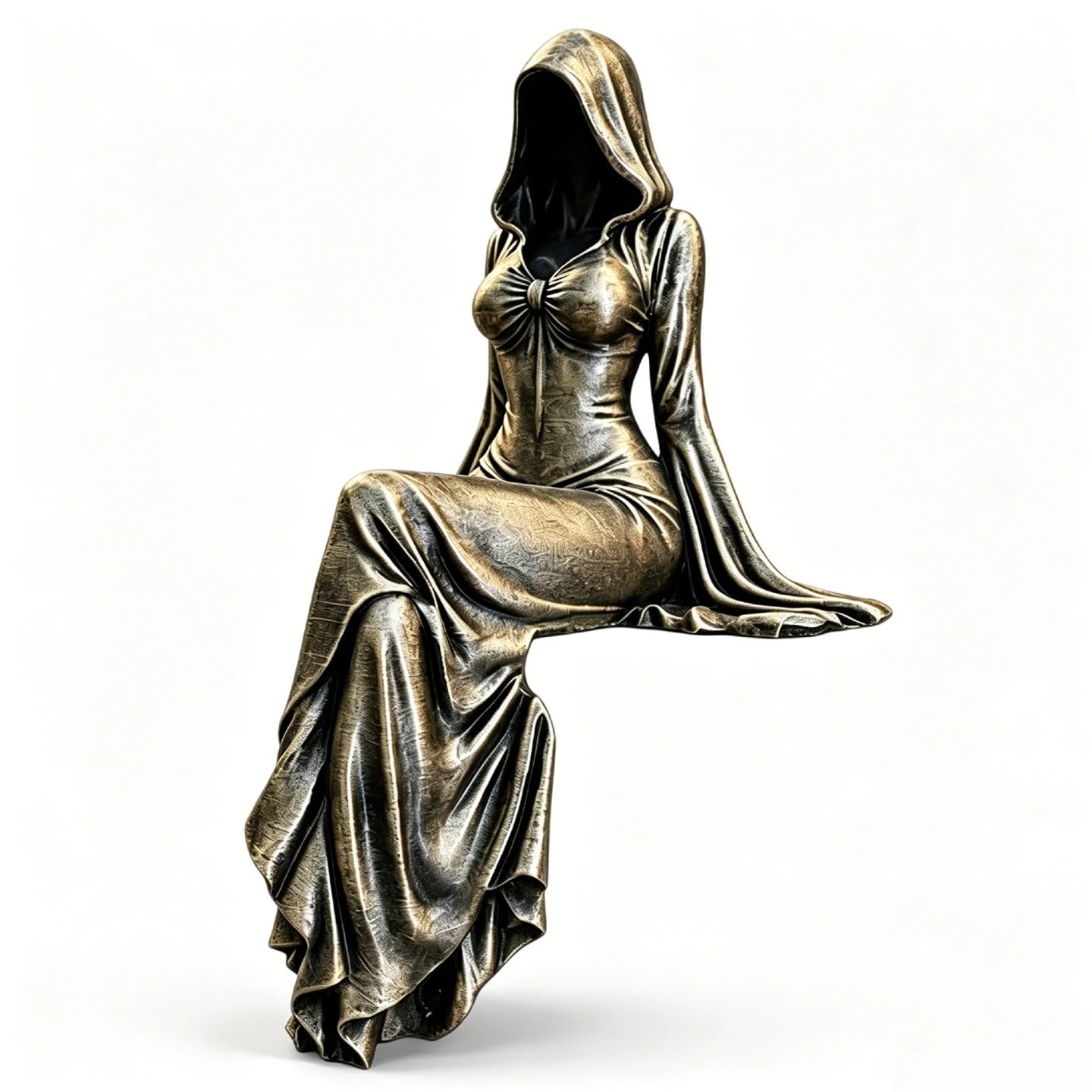 QUNZIDRESS Lady Reaper - Ethereal Hooded Figure Sculpture, Mysterious Statue Bookshelf Decor Sitting Black Robe 3D Spooky Sculpture, Resin Tabletop Gothic Decor Sitting Statue, Halloween Home Decor
